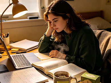 Student studying with tea